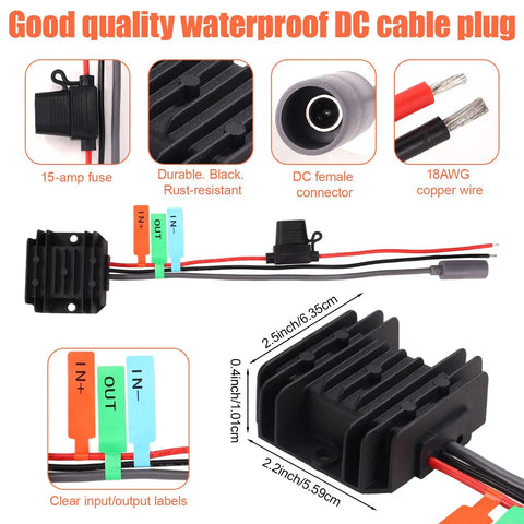 Diagram featuring 12V To 30V Waterproof Step Up Power Adapter For Starlink Mini with labeled connectors and 15-amp fuse.