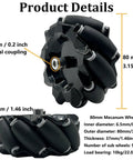 80mm Mecanum Wheel Omni Wheel Kit 4 Pack With 5mm Couplings And Motor Connectors For AGV Smart Robot Car Chassis Omni Directional Wheel Set For DIY Robots Compatible With Arduino Uno R3 And Raspberry Pi Ideal For STEAM Education showing product size details and metal coupling