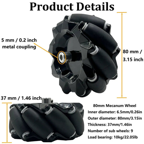 80mm Mecanum Wheel Omni Wheel Kit 4 Pack With 5mm Couplings And Motor Connectors For AGV Smart Robot Car Chassis Omni Directional Wheel Set For DIY Robots Compatible With Arduino Uno R3 And Raspberry Pi Ideal For STEAM Education showing product size details and metal coupling