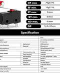 10 Pack Micro Limit Switch KW12 3 With Roller Lever Arm SPDT 1NO 1NC 250V 5A, black with specification sheet, compact 20x10x7mm