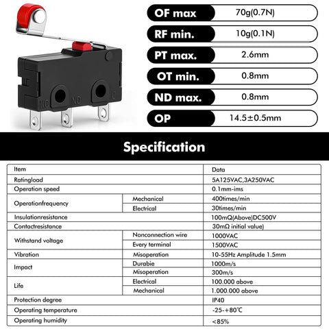 10 Pack Micro Limit Switch KW12 3 With Roller Lever Arm SPDT 1NO 1NC 250V 5A, black with specification sheet, compact 20x10x7mm