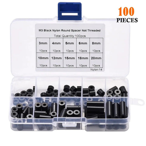 400 Piece Dope Nylon Spacers Set For M3 Hardware Black And White ABS Nylon Non Threaded Round Spacers Hollow Standoff Washers Insulating Columns Vibration Dampening Boxed Kit For DIY Projects, 100 pieces black M3 nylon spacers in organizer