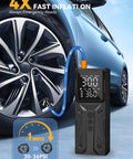 Grab-and-Go Portable Tire Inflator Air Compressor Cordless Pump, 150 PSI High Speed, connected to car tire.