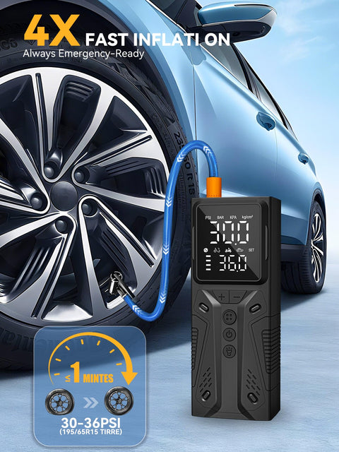 Grab-and-Go Portable Tire Inflator Air Compressor Cordless Pump, 150 PSI High Speed, connected to car tire.