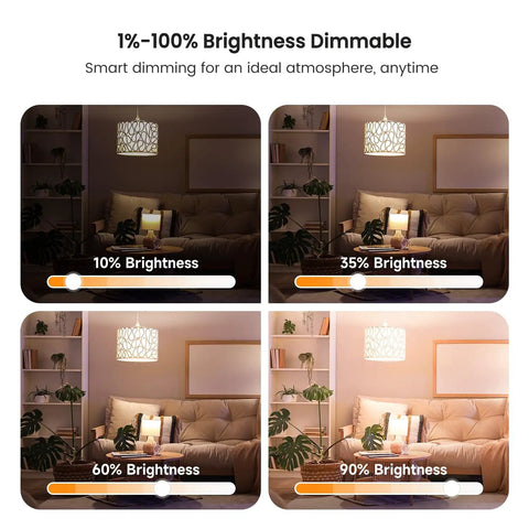 Brightness dimming modes of Four Pack Smart LED Bulbs 2.4GHz WiFi Tunable White 2500K To 6500K Dimmable 800 Lumens E26 A19