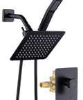 All In One Shower Faucet Set With Dual Square Shower Heads And Handheld Wand Diverter Hose And Pressure Balance Rough In Valve