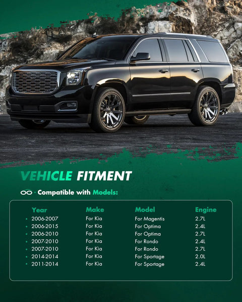 Front view of a black SUV with text overlay listing Kia model and engine compatibility by year.