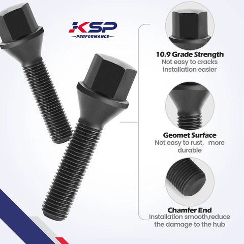 Kickass M14x1.25 Lug Bolts For BMW And Mini Whips Featuring Conical Seat with 10.9 grade strength and black Dacromet finish.
