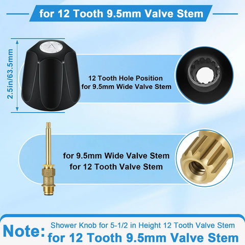 Tub Shower Trim Kit With Four In One Tub Spout Adapter showing valve stem dimensions for 12 tooth 9.5mm shower knob