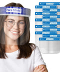 Clear Face Shield Pack Of 10 For All Ages Anti Fog Lightweight Reusable Safety Visor With Soft Sponge And Elastic Band Comfortable Protective Gear Today, featuring woman wearing shield