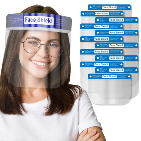 Clear Face Shield Pack Of 10 For All Ages Anti Fog Lightweight Reusable Safety Visor With Soft Sponge And Elastic Band Comfortable Protective Gear Today, featuring woman wearing shield
