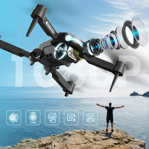 1080P HD Dual Camera Drone With Obstacle Avoidance Foldable RC Quadcopter over scenic coast with lens diagram