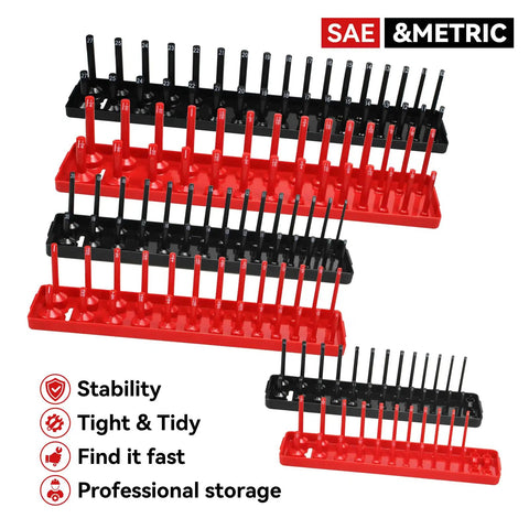 Six Piece Socket Organizer Tray Set For One Quarter Three Eighths And One Half Inch Drives With Red SAE And Black Metric Storage Trays