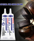 Shoe Glue Repair Adhesive For Sneakers And Boots Waterproof Clear Quick Dry Strong Bond Rebuild Soles Fix Holes Worn Out Shoes Leather Handbags Heels 60ml 2oz showing tubes and repaired shoe