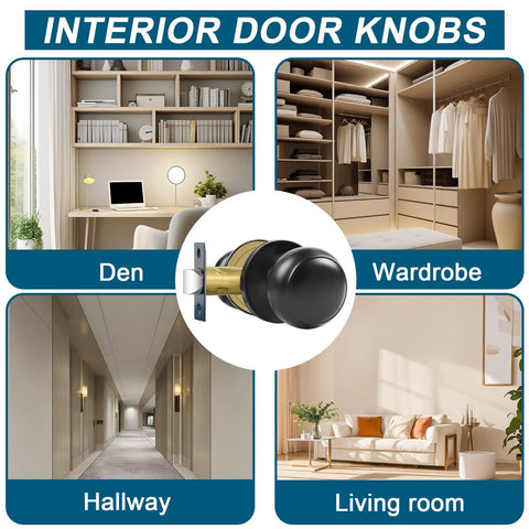 Passage Door Knobs 3 Pack Dope Matte Black Interior Round Door Handles Non Locking for Hallways and Closets shown in different rooms