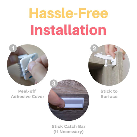 Hassle-free installation of Baby Proof Cabinet Locks With 3M Adhesive Easy Install No Tools Needed No Drilling Universal Fit 8 Pack