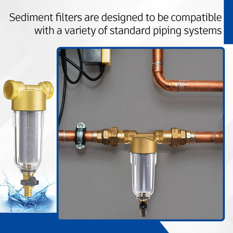 3/4 Inch Spin Down Sediment Filter With 50 100 And 200 Reusable Mesh Cores And Two Adapters installed on standard plumbing.  