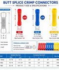 Get This Awesome 100pcs Butt Splice Connector Kit For Your Car Or Home With Durable Red Blue Yellow Wire Connectors That Rock Secure Contacts And Perfectly Fit 22 To 10 AWG Wires Without Any Mess Or Hassle For Quick Crimping Jobs. size chart of red blue yellow butt splice crimp connectors, aluminum core