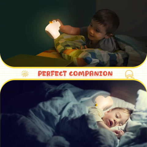 Cute Duck Night Light For Nursery And Bedroom, Silicone Baby Lamp with child using touch sensor during sleep.