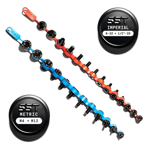 Identibolt Flex Portable Nut And Bolt Thread Gauge Checker For Imperial SAE And Metric Threads shown with silicone overmold