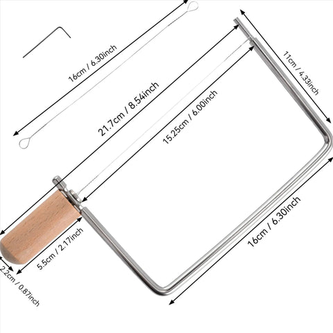 Top Shelf Cheese Slicer Hardware Kit With Stainless Steel Cutters And Beechwood Handles, showing dimensions and components.