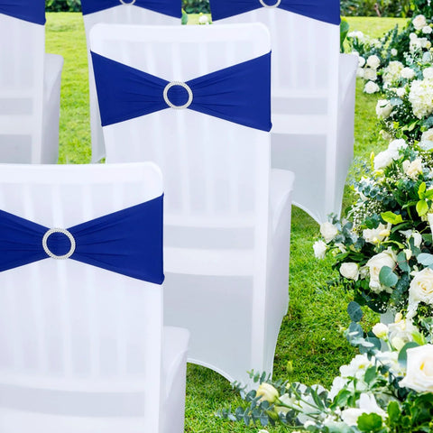 Royal Blue Spandex Chair Sashes Set Of 30 With Buckle Slider Universal Elastic Bands For Wedding Banquets And Party Decor on white chairs