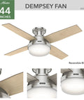 44 Inch Indoor Ceiling Fan With LED Light And Remote Control Low Profile Flush Mount Four Blade Modern Ceiling Fan Brushed Nickel Finish