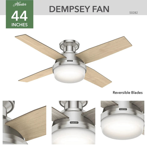 44 Inch Indoor Ceiling Fan With LED Light And Remote Control Low Profile Flush Mount Four Blade Modern Ceiling Fan Brushed Nickel Finish