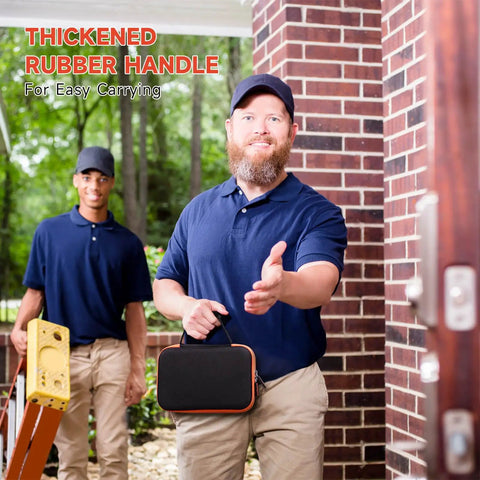 Delivery person with a hard case storage box for ET310 AC circuit breaker finder, 80041 outlet repair kit, and RT250 GFCI tester.