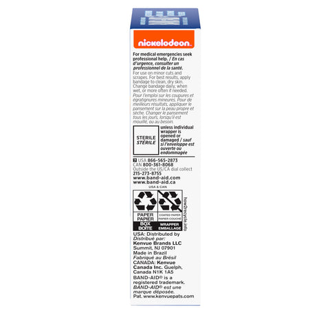 Side view of Paw Patrol Nickelodeon Character Bandages box showing packaging details and company information.