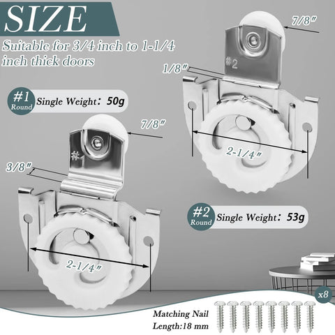 Image of Sliding Wardrobe Door Hardware Set With Four Rollers And Eight Screws For Closet Cabinets, showing roller sizes and screws.