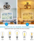 Dope Black Farmhouse Ceiling Light Fixture With Wood Grain Metal Finish, on and off view highlighting bulb compatibility