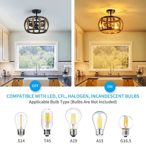 Dope Black Farmhouse Ceiling Light Fixture With Wood Grain Metal Finish, on and off view highlighting bulb compatibility