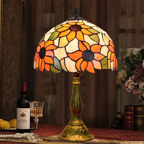 Sunflower Tiffany Style Stained Glass Table Lamp, 12 Inch Shade, 19 Inch Tall, E26 Socket, LED Bulb Included, Black Cord With Switch