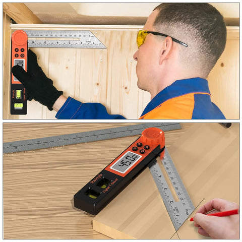 Digital Angle Finder Protractor 0-360 Degrees With T Bevel Gauge in use, LCD display showing angle, wood measurement.