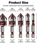 Five Piece Countersink Drill Bit Set With 82 Degree Countersink Pro Grade HSS High Speed Steel Five Flute Design Quick Change One Quarter Inch Hex Shank Sizes From One Quarter To Three Quarter Inch For Plastic Wood Metal Carbon Steel Machining
