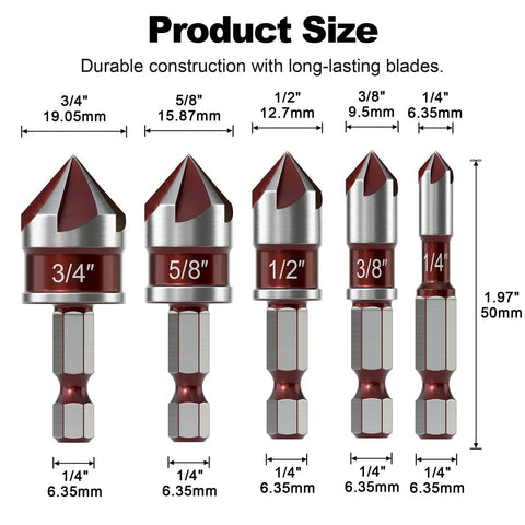 Five Piece Countersink Drill Bit Set With 82 Degree Countersink Pro Grade HSS High Speed Steel Five Flute Design Quick Change One Quarter Inch Hex Shank Sizes From One Quarter To Three Quarter Inch For Plastic Wood Metal Carbon Steel Machining