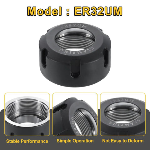 Four Piece ER32UM M40 Collet Clamping Nuts For CNC Milling Lathe Chuck, Cast Steel, Showing Top View and Detailed Threading