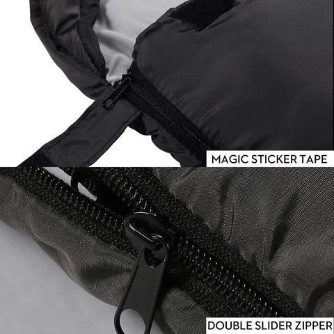 Close-up of zipper and magic sticker tape on All Season Sleeping Bag for Adults and Kids, Lightweight Yet Warm Cold Weather Camping Gear