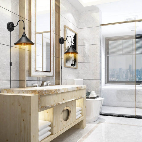 Bathroom with plug in wall sconces two pack black industrial gooseneck lamps with on off switch UL certified E26 base