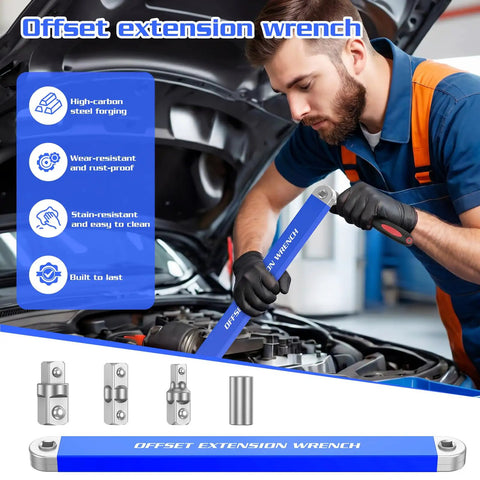 Heavy Duty Offset Extension Wrench Set Featuring Chain Drive Mechanism And Zero Degree Swing Arc To Crush Tough Jobs Dead Nuts Precise For Zero Sweat Access Into Cramped Engine Bays Daily in use on a car engine.