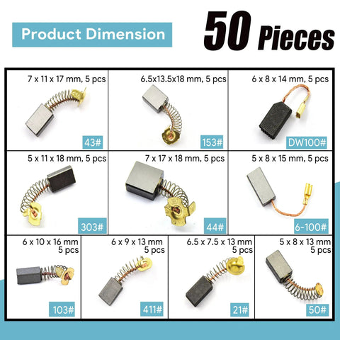 Carbon Brush Set For Electric Motors 50 Pieces In 10 Sizes Replacement Parts For Power Tools Including Angle Grinders Hammer Drills Circular Saws Pro Grade Graphite Copper Brushes For Quiet Low Sparking Performance DIY Friendly, showing 10 sizes of graphite brushes with copper springs.