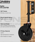 Heavy Duty Gate Caster Wheel With Side Brake, Spring Loaded Drag Wheel With 360 Degree Swivel, 200 Lb Capacity, Black, Five Inch, attached to wooden gate.