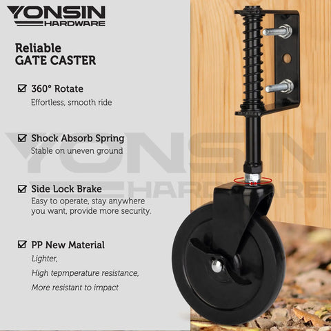 Heavy Duty Gate Caster Wheel With Side Brake, Spring Loaded Drag Wheel With 360 Degree Swivel, 200 Lb Capacity, Black, Five Inch, attached to wooden gate.