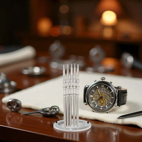 5 Pack Silver Steel Watch Stem Crown Kit For NH35 NH36 NH38 NH39 Movements Replacement Parts on table with open watch