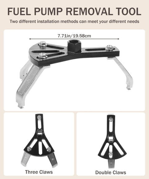 Three Piece Fuel Pump Removal Tool Set With Adjustable Lock Ring Spanner, showing three-claw and double-claw configurations.