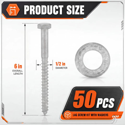 Bulk 50 Pack Half Inch By Six Inch Lag Screws With Washers Hot Dip Galvanized Heavy Duty Exterior Wood Screws size details