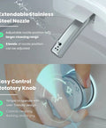 Extendable Stainless Steel Nozzle and Easy Control Rotary Knob of Next Level Tankless Smart Toilet With Auto Open Lid And Foot Kick Sensor Features Five Zone Heated Seat Plus Quick Dry Air Blower Dual Flush Options Ambient Night Glow Remote Control For No Fuss Bathroom Setups.