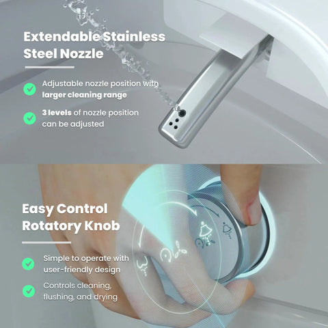 Extendable Stainless Steel Nozzle and Easy Control Rotary Knob of Next Level Tankless Smart Toilet With Auto Open Lid And Foot Kick Sensor Features Five Zone Heated Seat Plus Quick Dry Air Blower Dual Flush Options Ambient Night Glow Remote Control For No Fuss Bathroom Setups.