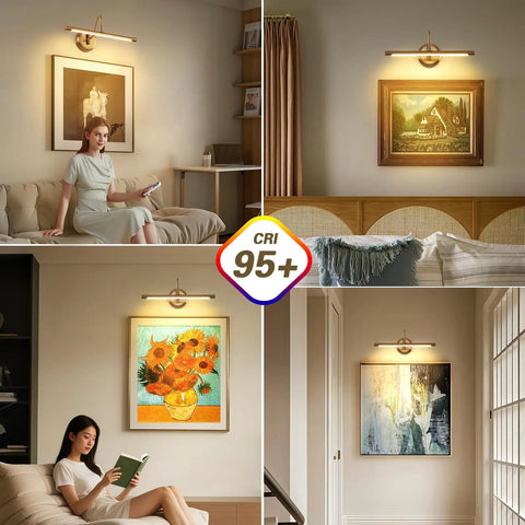 Ultra Sleek Nickel Picture Light for Artwork 16.5 Inch Warm White 3000K in modern living room settings with various art pieces